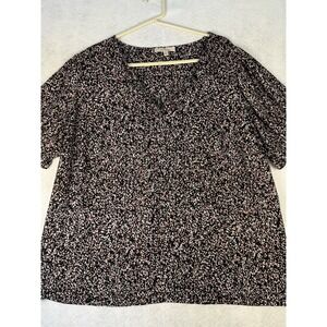 Les Serein Womens Blouse 2X Black Pink Abstract Print Short Sleeve V-Neck